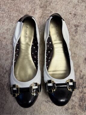 Tahari Two-Tone White and Black Ballet Flats with Gold Buckle